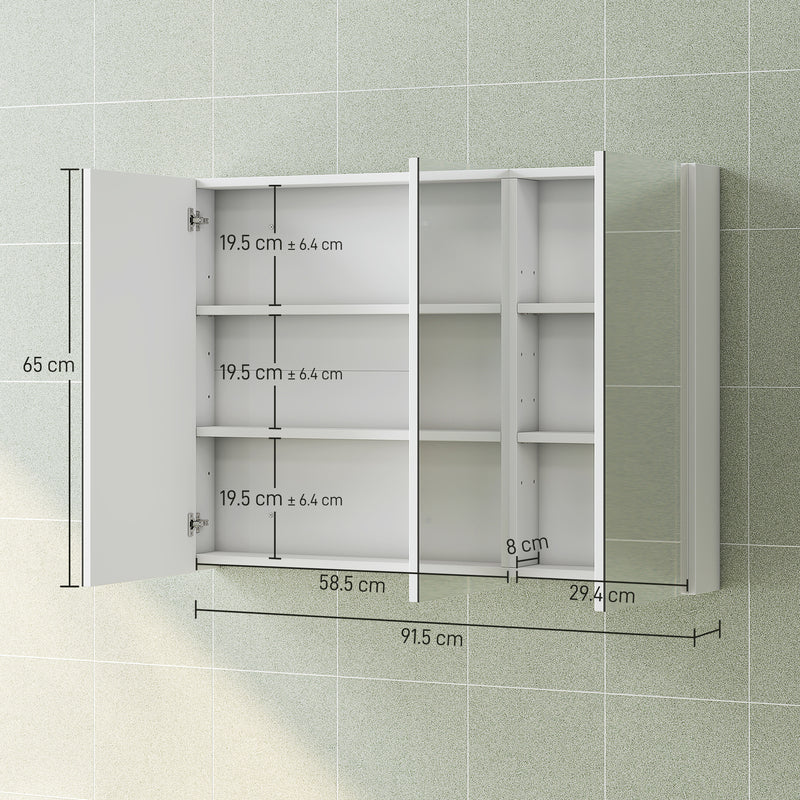 Wall Mounted Bathroom Cabinet With Triple Mirror Doors And Shelves For Storage, White