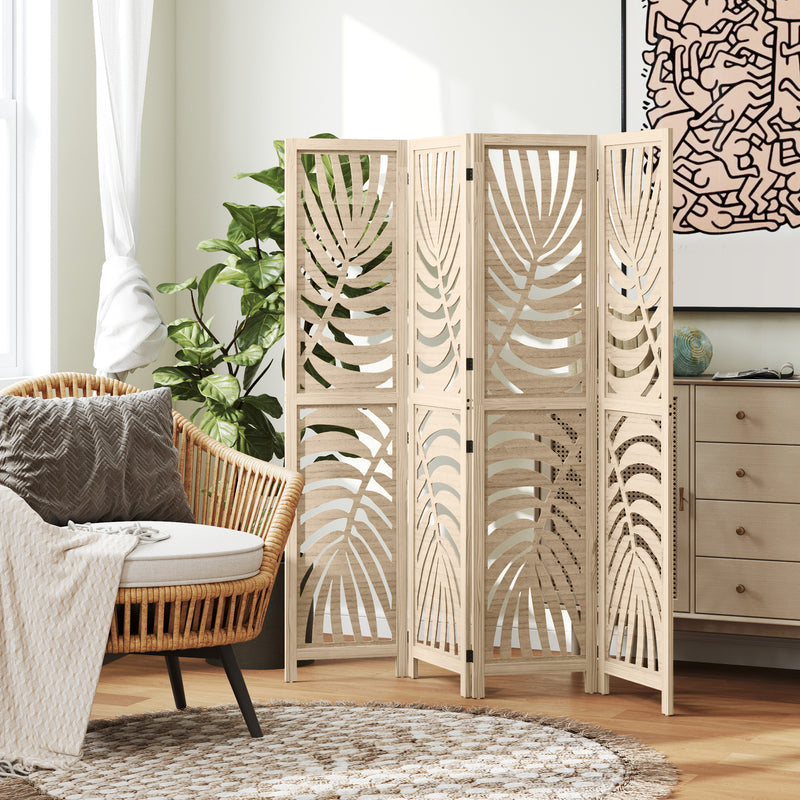 Folding Room Divider with Detachable Panels for Instant Privacy Natural Wood Finish