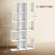 HOMCOM 5-Tier Bookshelf, S Shaped Geometric Bookcase with 15 Compartments, White Wood Effect AOSOM