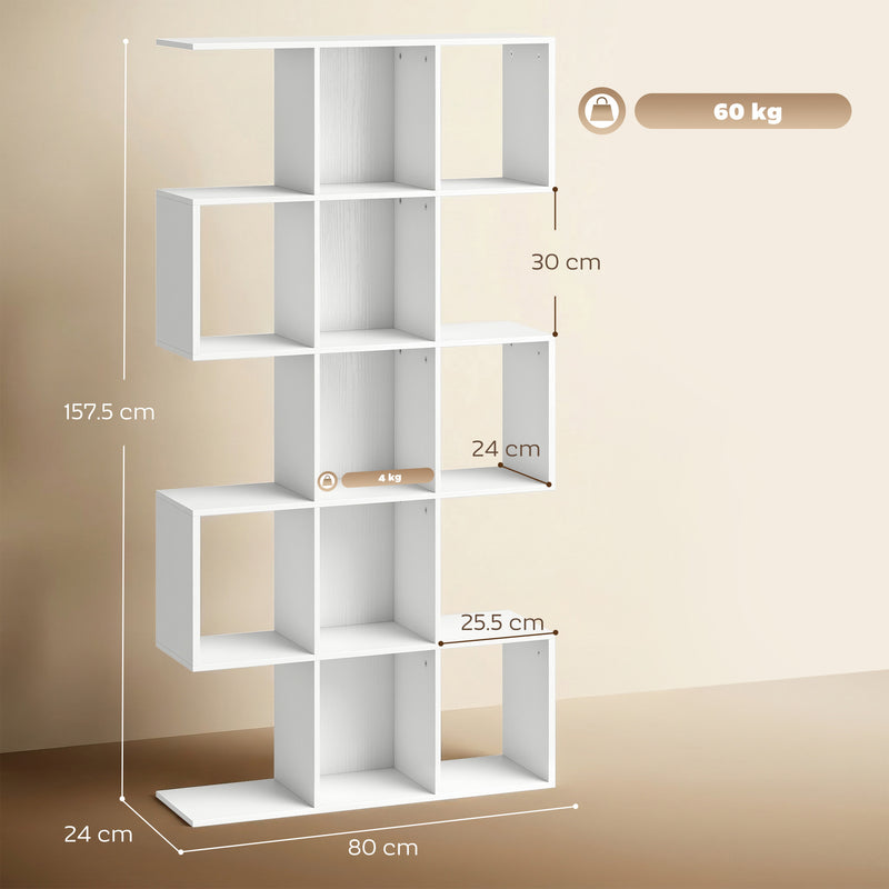 HOMCOM 5-Tier Bookshelf, S Shaped Geometric Bookcase with 15 Compartments, White Wood Effect AOSOM
