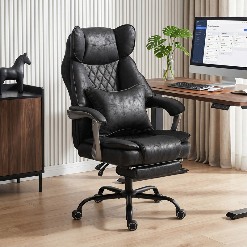 High Back Office Chair for Tall and Heavy Users with Reclining Footrest and Wide Seat Black