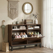 Shoe Storage Cabinet for Narrow Hallways with Flip Drawers and Open Shelves Rustic Brown AOSOM