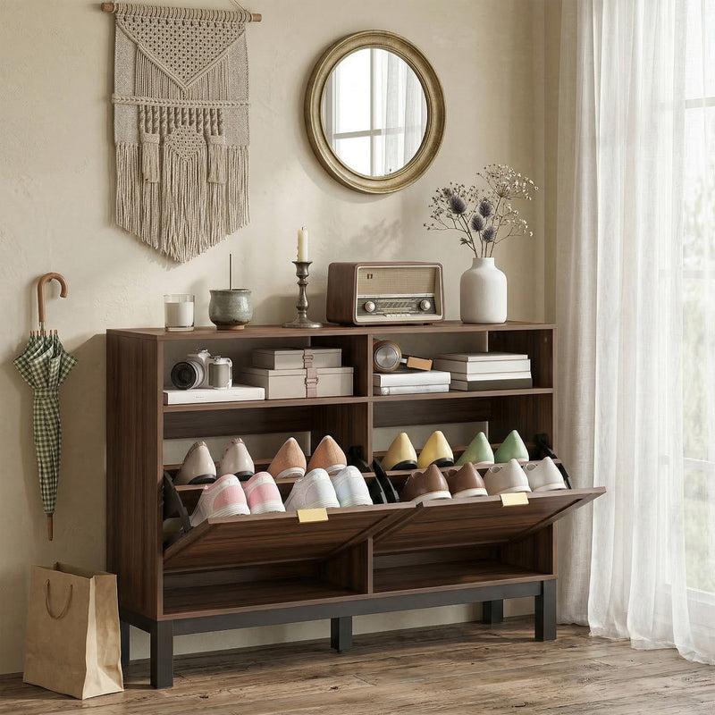 Shoe Storage Cabinet for Narrow Hallways with Flip Drawers and Open Shelves Rustic Brown AOSOM