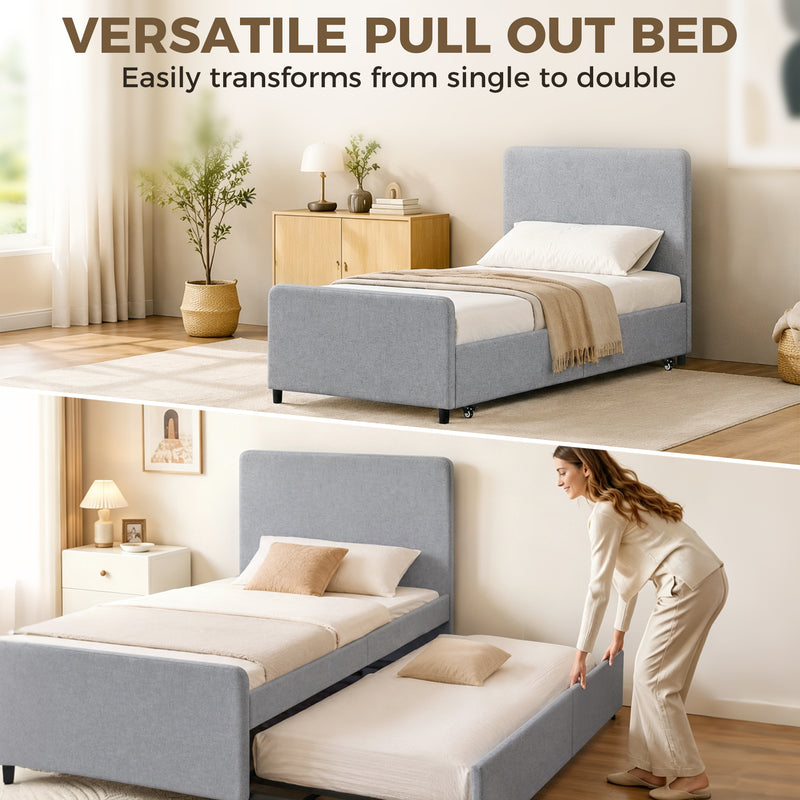 Pull Out Guest Bed Frame with Trundle for Small Spaces Upholstered Backrest