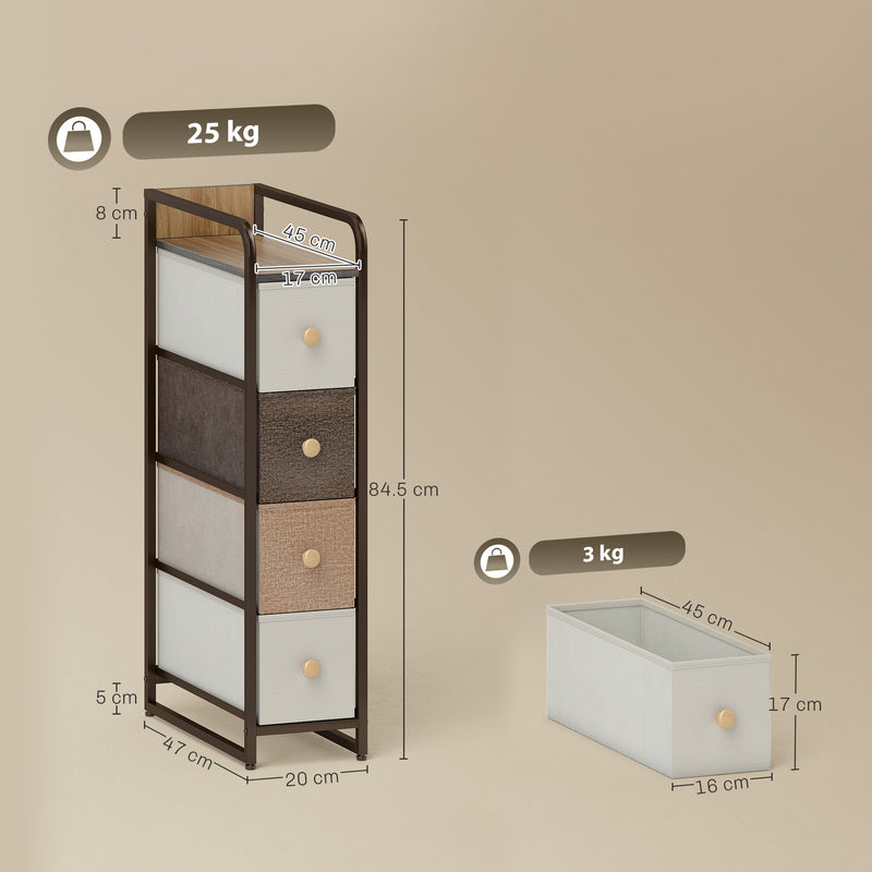 Slim Chest of Drawers for Narrow Spaces with 4 Fabric Drawers and Guardrail Top Multicoloured