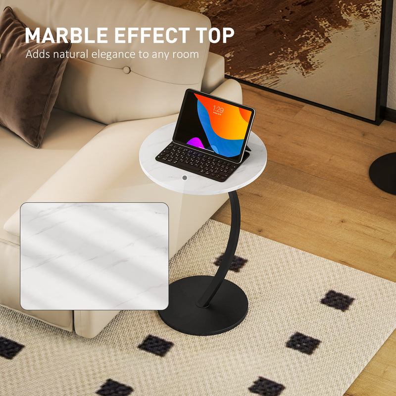 C Shaped Side Table with Marble Effect Top for Sofa or Bedside Use, White