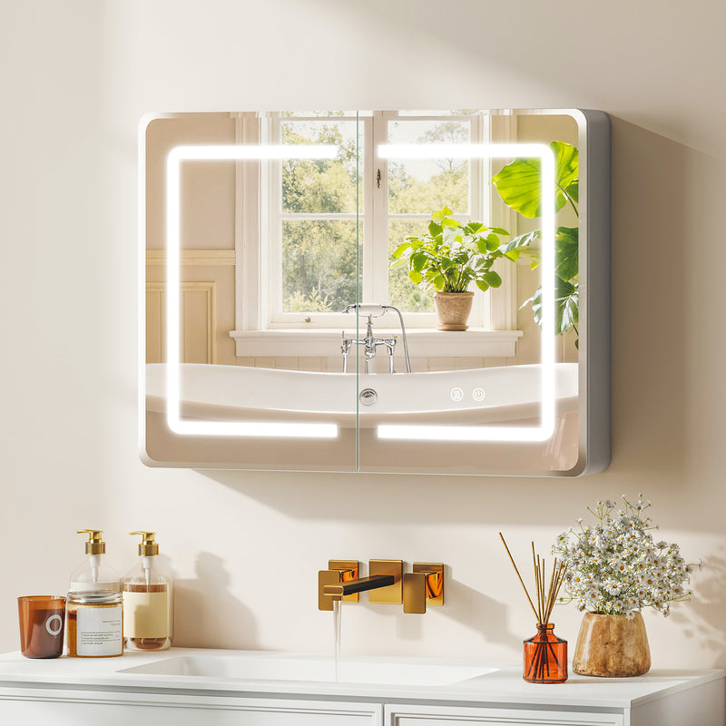 Bathroom Mirror Cabinet with Adjustable LED Lights and Demister Pad for Organised Storage Silver