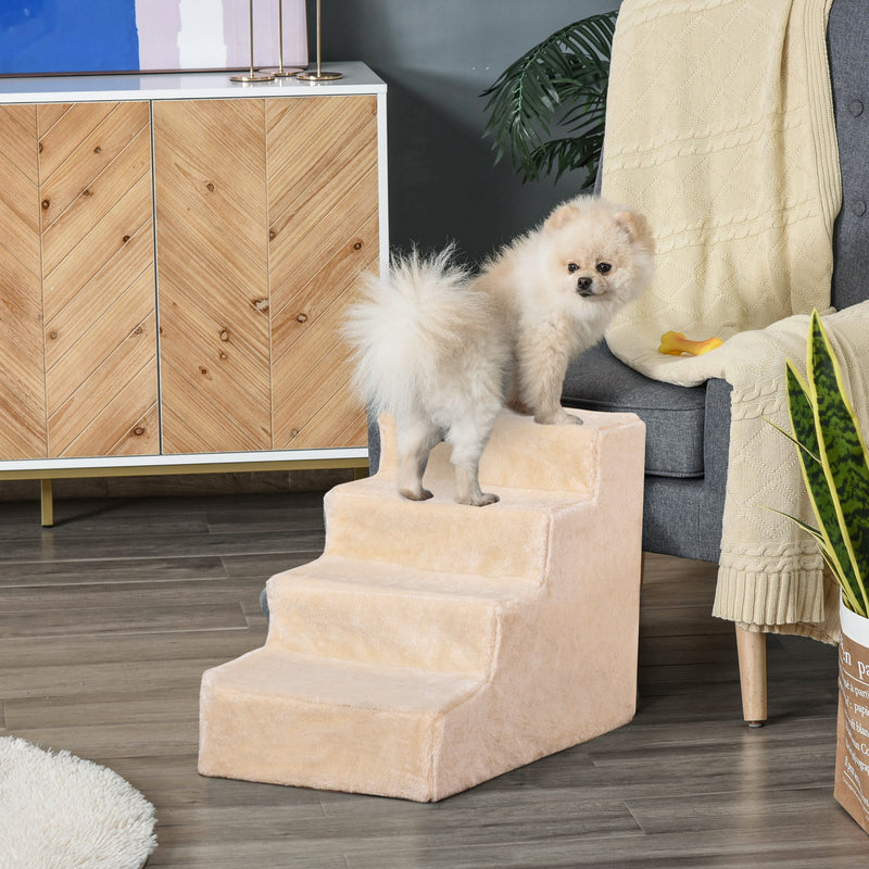 Four Step Pet Stairs With Washable Cover For Small Dogs And Cats To Reach High Beds Beige