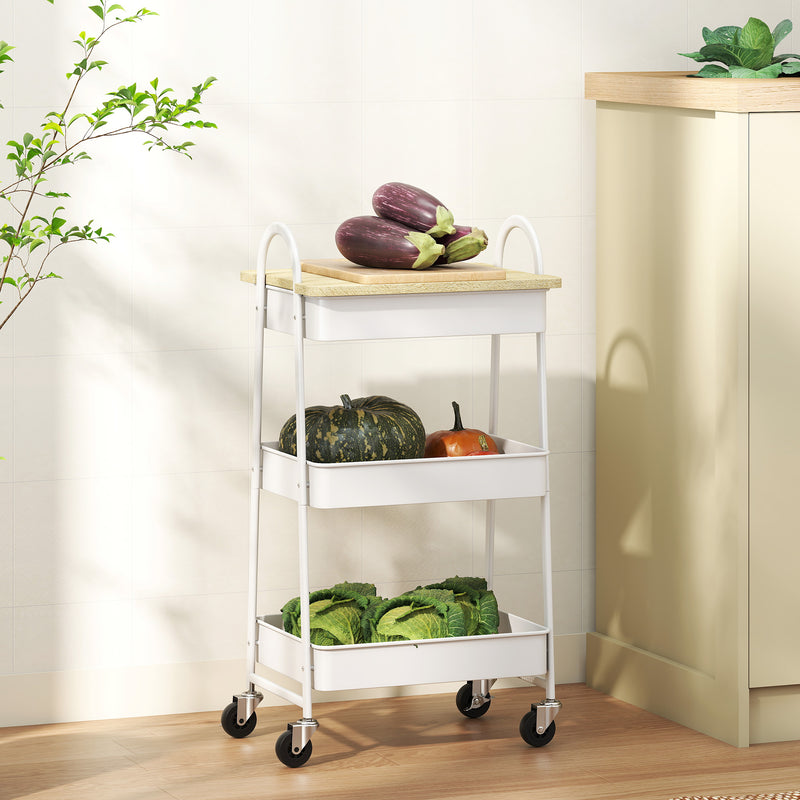 3 Tier Rolling Kitchen Storage Trolley with Worktop and Shelves for Home Use, White Oak