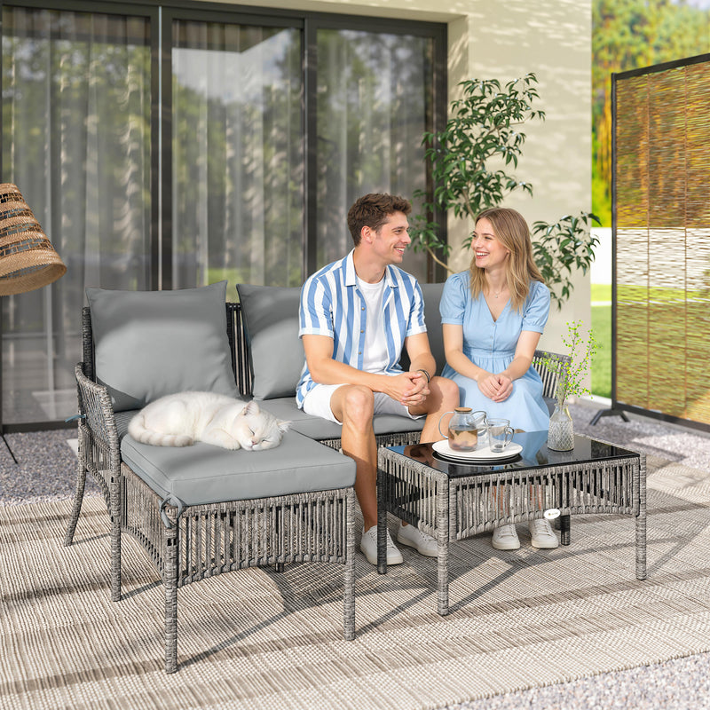 Small Rattan Garden Sofa Set with Loveseat Chaise and Coffee Table for Relaxing Outdoors, Dark Grey Outsunny