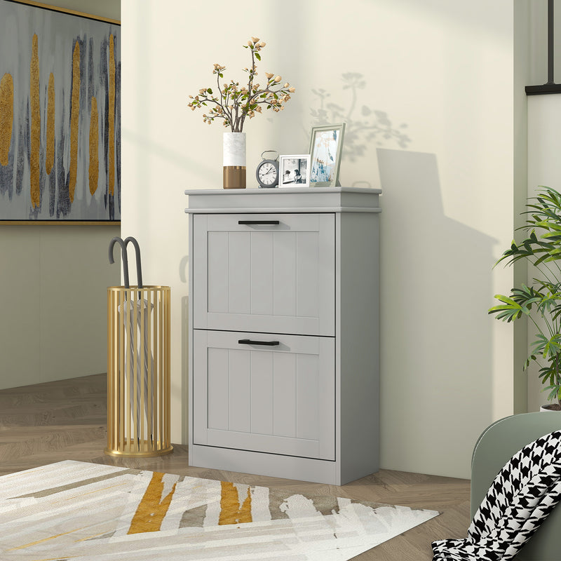 Two Drawer Shoe Storage Cabinet Holds Up To 10 Pairs Ideal for Hallways Grey