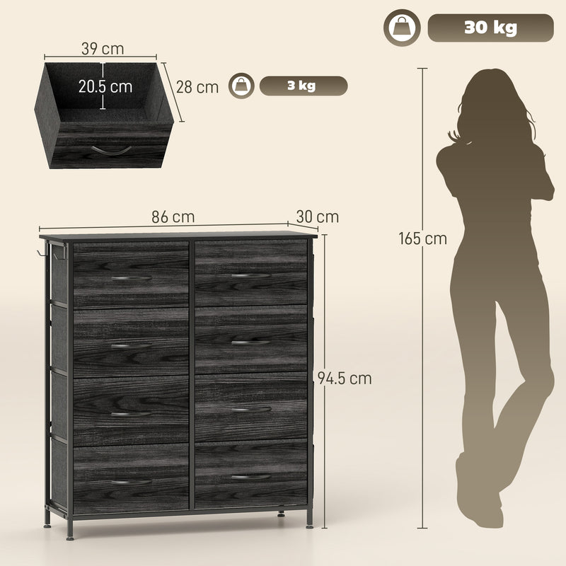 Chest of 8 Fabric Drawers with Wood Top for Bedroom Storage and Organisation Black