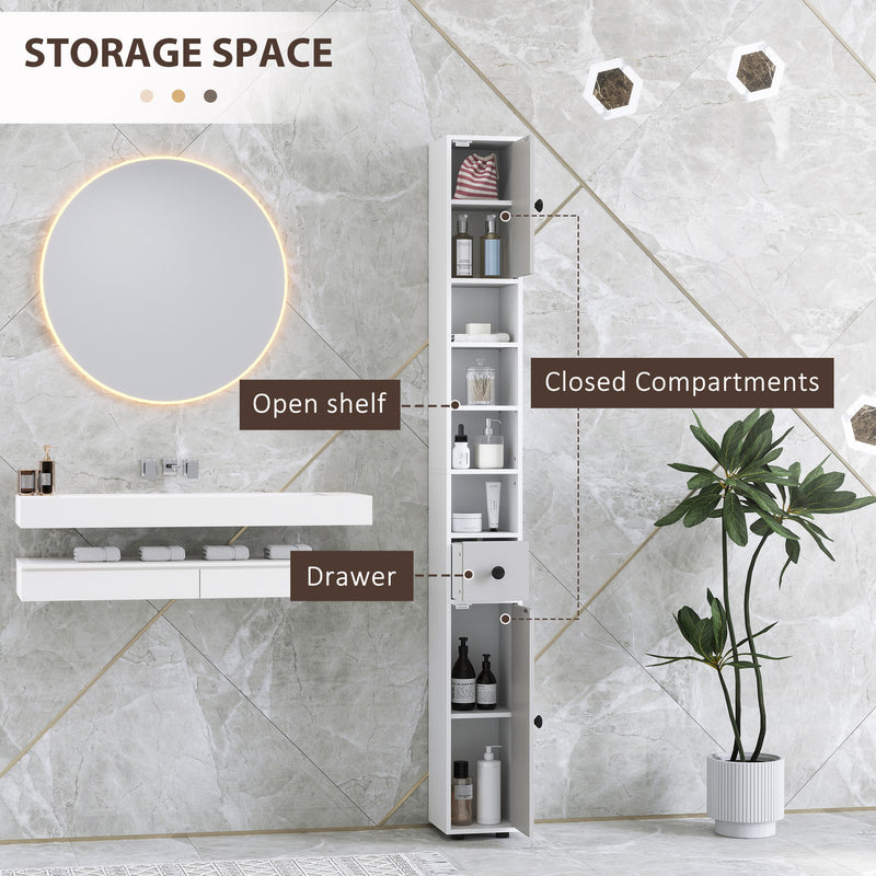 Slim 180cm Light Grey Bathroom Cabinet with Drawer Shelves and Cupboards for Extra Storage