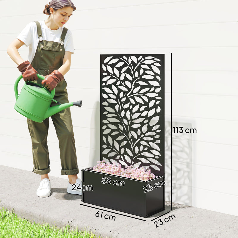 Metal Planter with Leaf Trellis Privacy Panel for Garden or Patio Black Outsunny