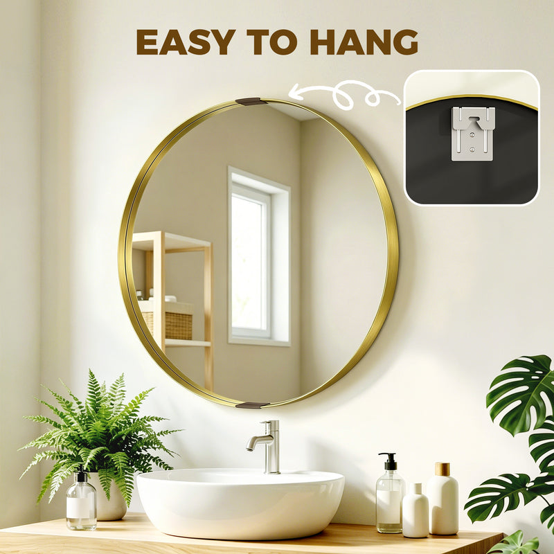 Round Shatterproof Wall Mirror for Hallways and Living Rooms Ready to Hang Gold Tone Homcom