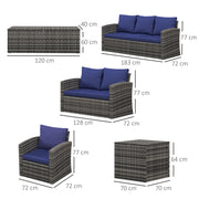 6 Seater Rattan Garden Furniture Set With Cushions and Storage Tables Grey With Navy Blue by Outsunny