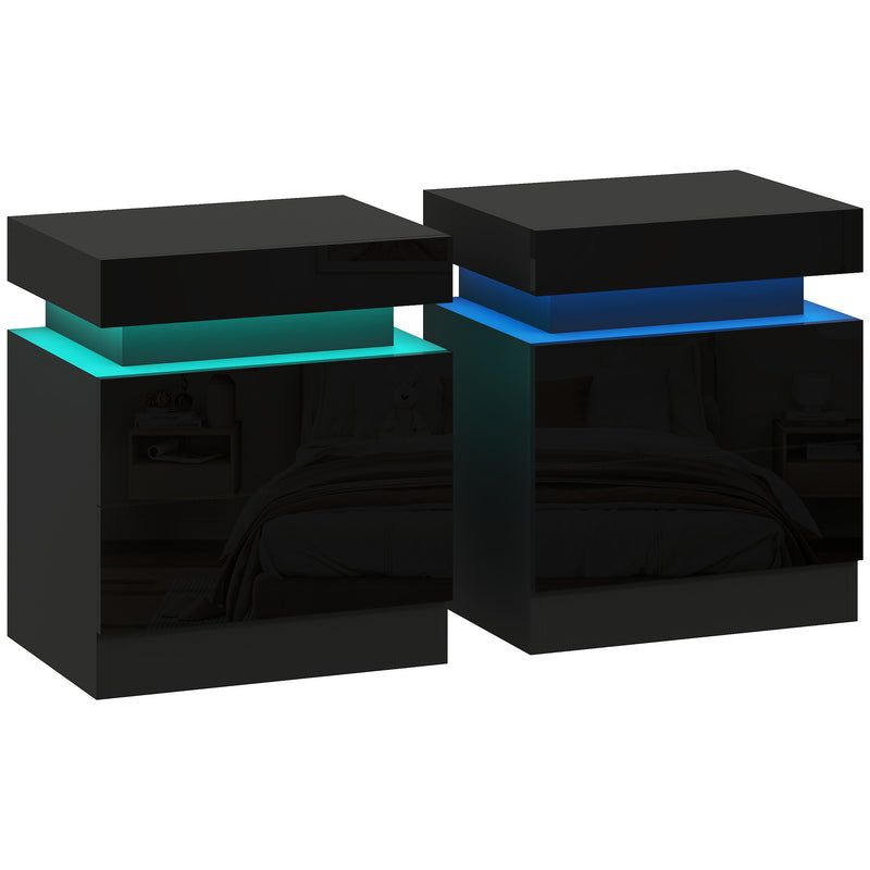 HOMCOM High Gloss Front Bedside Tables Set of 2, Nightstands with RGB LED Light and 2 Drawers, Chest of Drawers for Bedroom, Living Room, Black AOSOM
