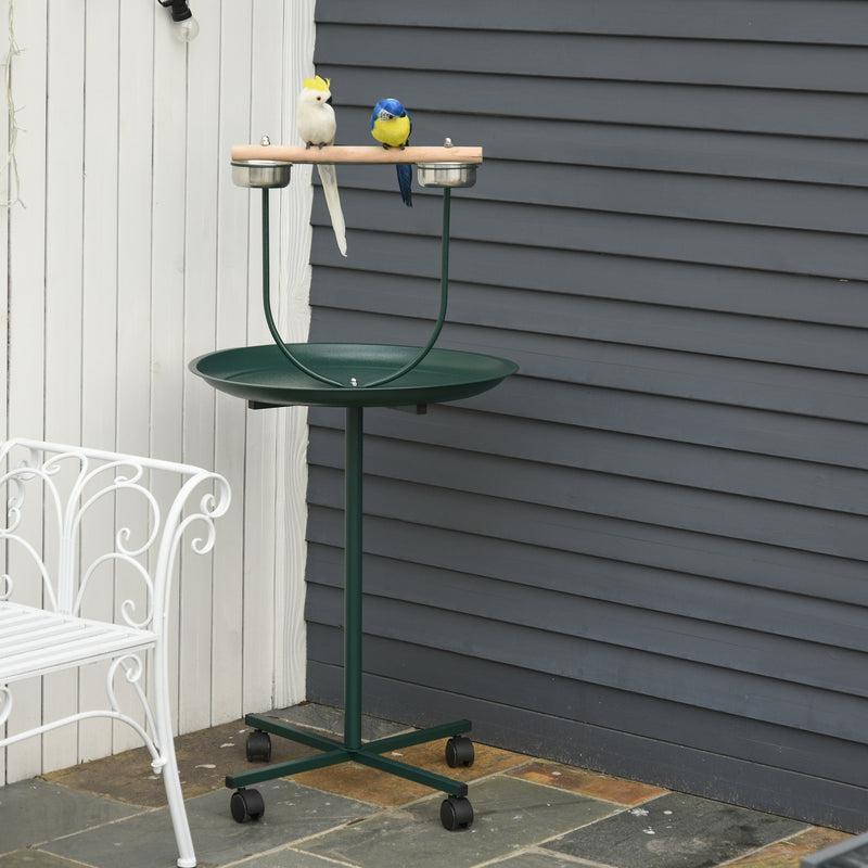 Green Bird Perch Stand with Wheels and Feeding Bowls for Small and Medium Birds by PawHut