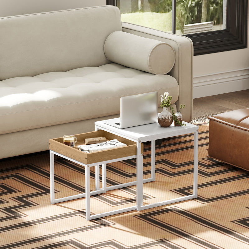 Set of 2 White Wood Effect Nesting Tables Space Saving Design by HOMCOM