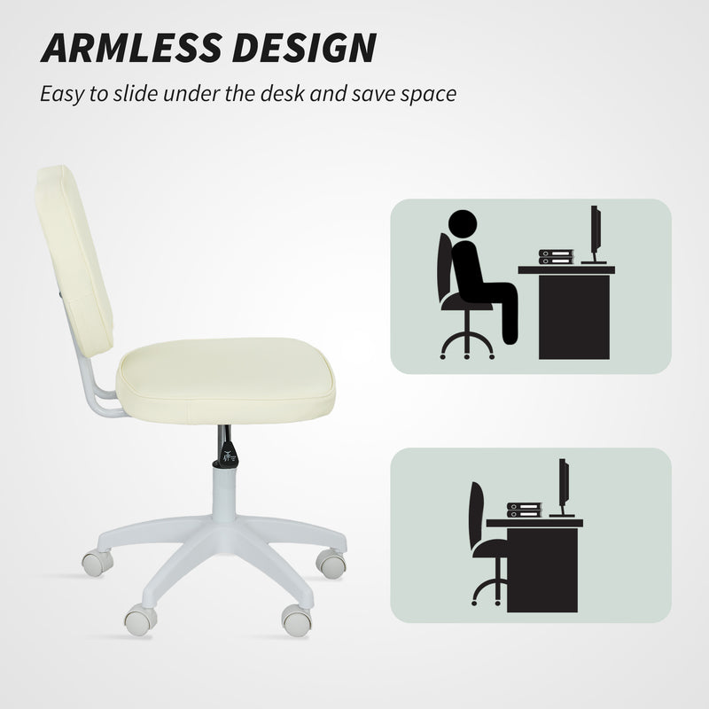 Armless PU Leather Swivel Office Chair With Adjustable Height For Home Desk Use, Cream