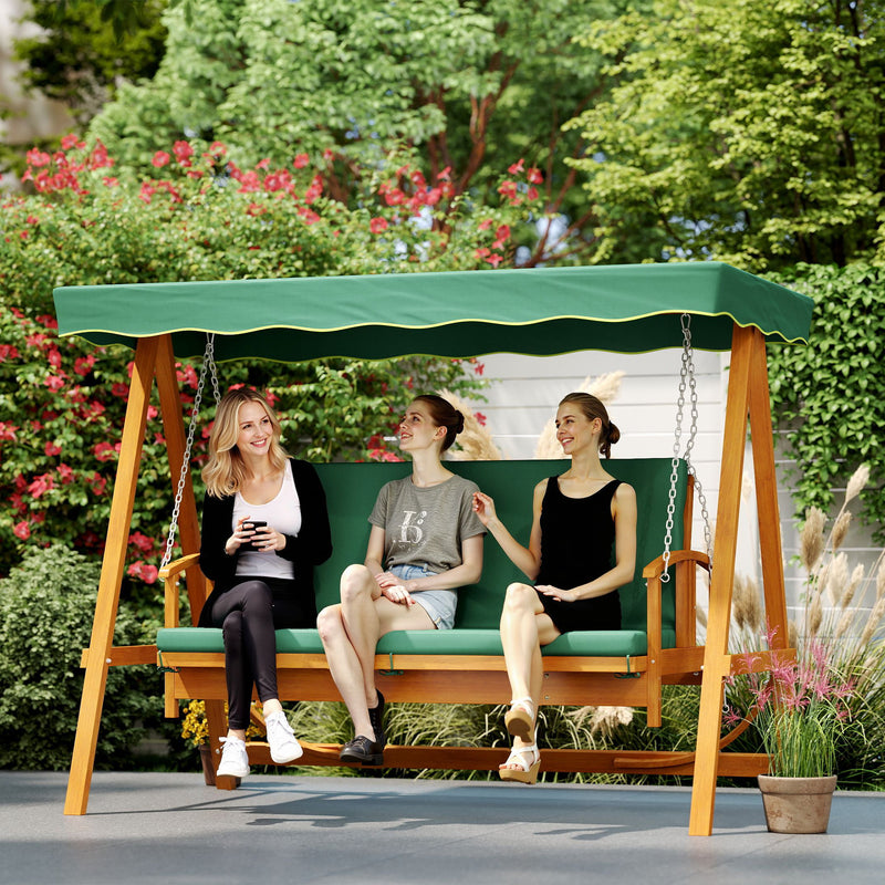 Wooden 3 Seater Garden Swing Chair Convertible Hammock Bench Lounger Dark Green Cushions by Outsunny