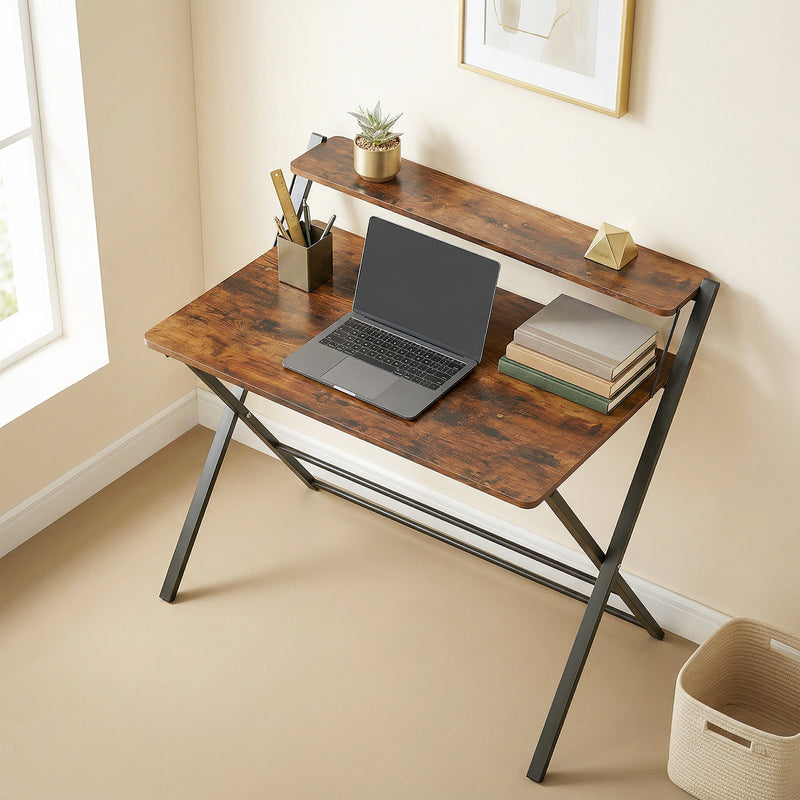 Folding Desk with Upper Shelf for Small Spaces and Easy Storage Rustic Brown AOSOM