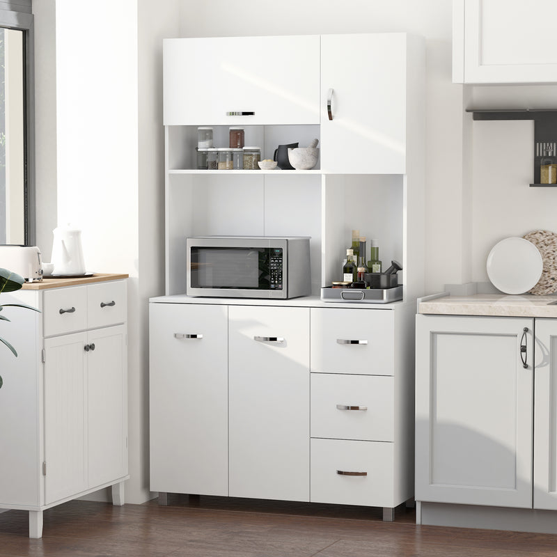 White Tall Kitchen Storage Cabinet With Countertop Drawers And Shelves 183cm High