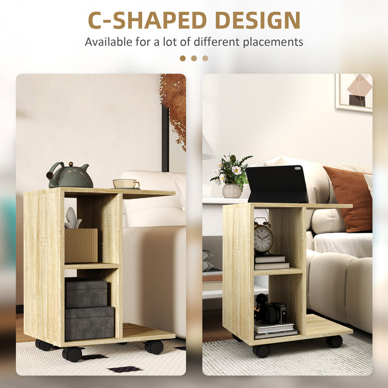 C-Shaped End Table with Storage Shelves and Wheels for Home or Office by HOMCOM