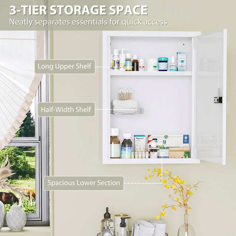 Locking Medicine Cabinet with Combination Code for Safe Organised Storage White Red