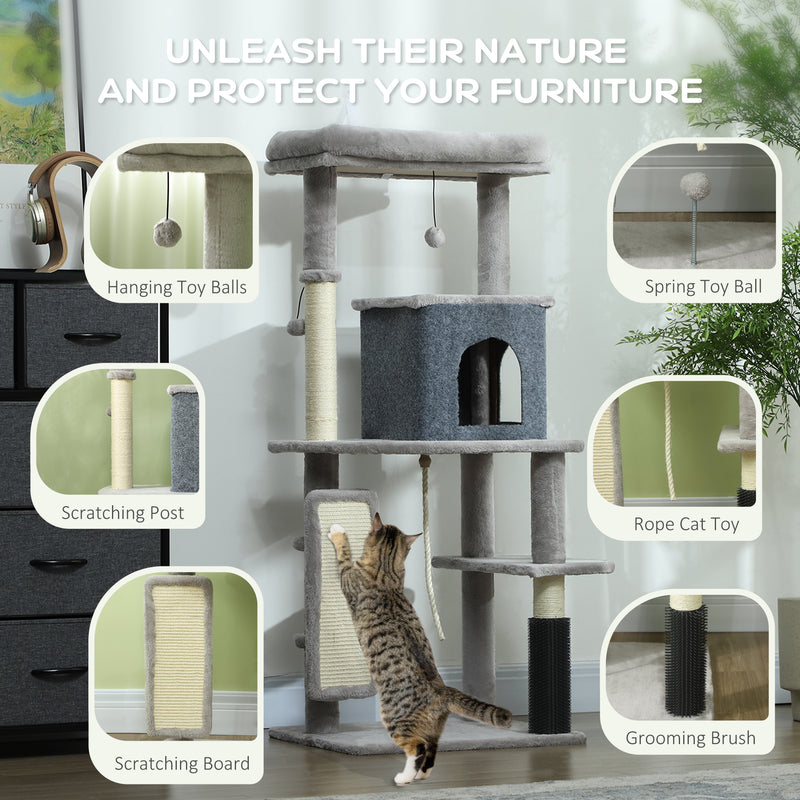 Light Grey 132cm Cat Tree with Scratching Posts Bed House Jumping Platform and Grooming Brush by PawHut