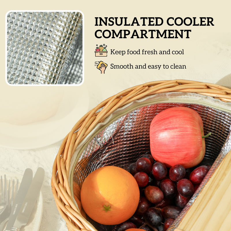 Wicker Picnic Basket for 2 with Cooler Compartment and Wooden Lid for Outdoor Use Light Brown AOSOM