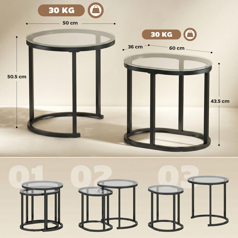 Set of 2 Glass Top Coffee Tables for Extra Living Room Surface Space Black and Clear