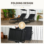 Black Folding Sun Loungers Set of 2 Adjustable Backrests and Face Canopies for Outdoor Use Black Outsunny