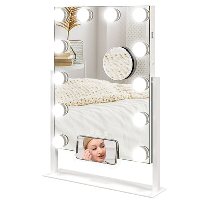 Tabletop Makeup Mirror with 12 LED Bulbs and Adjustable Light Settings for Dressing Tables, White
