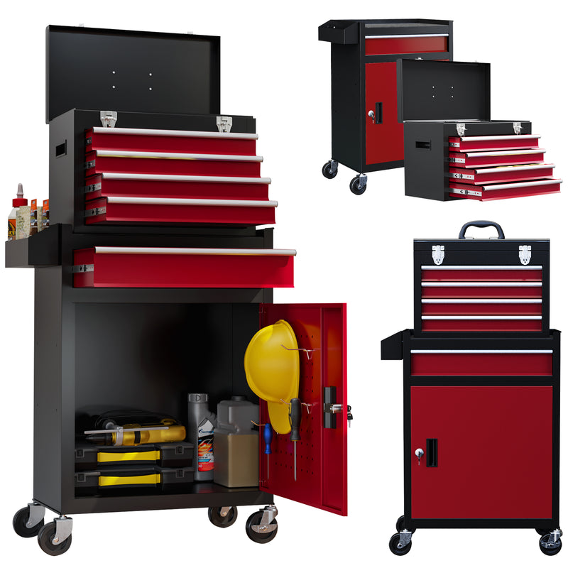 Rolling Tool Storage Chest with Two-Part Design for Garage or Workshop Black Red