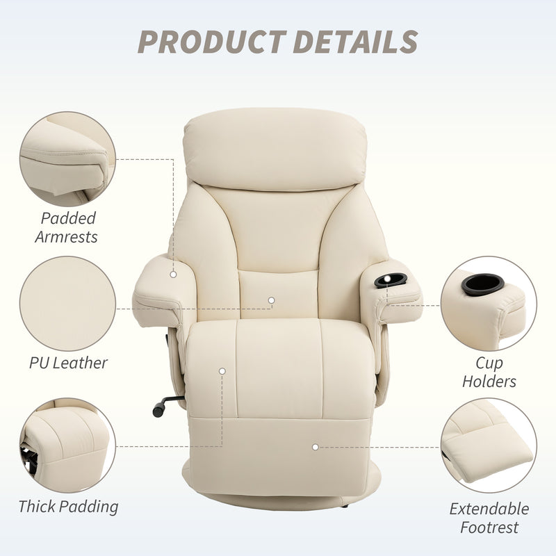 Manual Recliner Armchair with Footrest Swivel Base and Cup Holder for Living Room Cream White