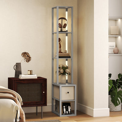 LED Floor Lamp with Shelves and Fabric Drawer Adjustable Brightness for Living Room Grey