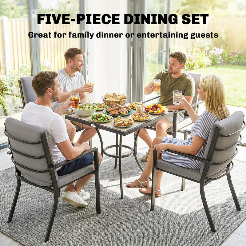 Garden Dining Set for 4 with Cushions and Stackable Chairs for Small Patios or Balconies Grey Wood Effect