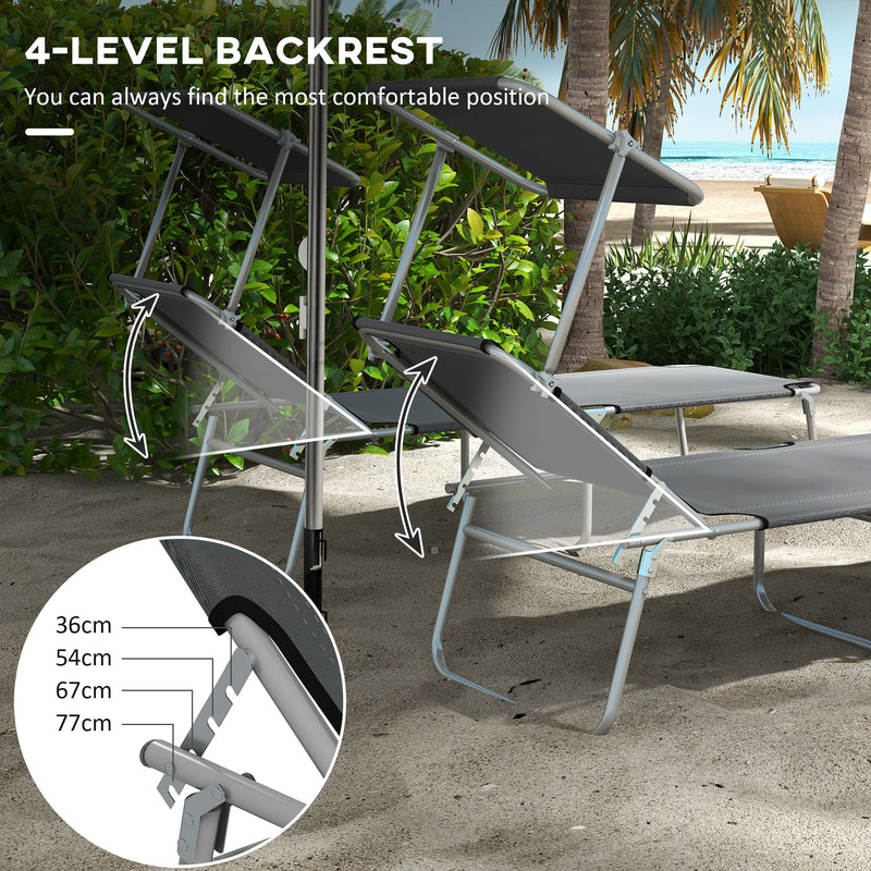 Set of 2 Grey Foldable Sun Loungers with Adjustable Backrest and Sun Shade for Garden