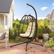 Cream Rattan Hanging Egg Chair with Cushion Pillow and Stand for Garden or Indoor Use by Outsunny