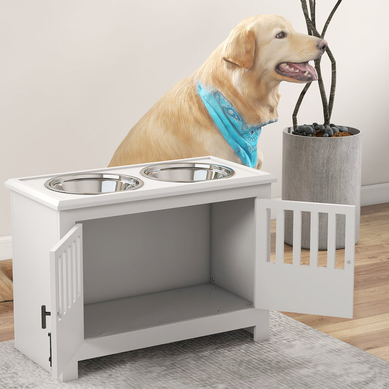 Raised Dog Feeding Station With Storage For Food And Water Bowls For Large Pets, White