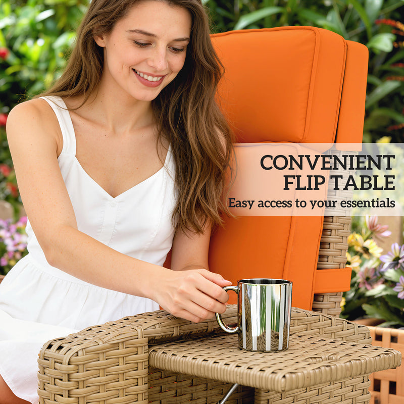 Rattan Recliner Garden Chair with Adjustable Back and Flip-Up Side Tray Khaki Outsunny