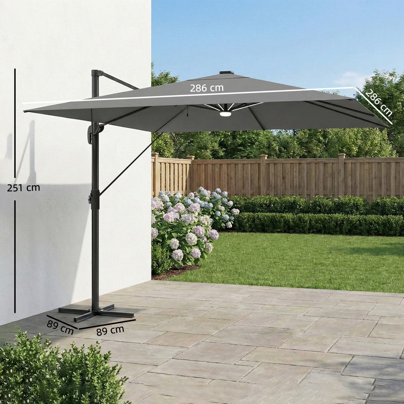 Square Cantilever Parasol with Lights and UPF 30+ Adjustable Shade for Patio, Light Grey