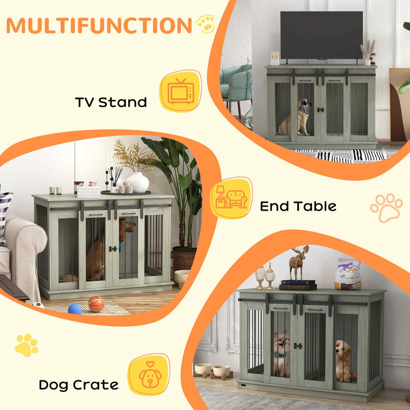 Large Dog Crate Furniture with Divider Double Cage for Small Dogs Indoor Use Grey
