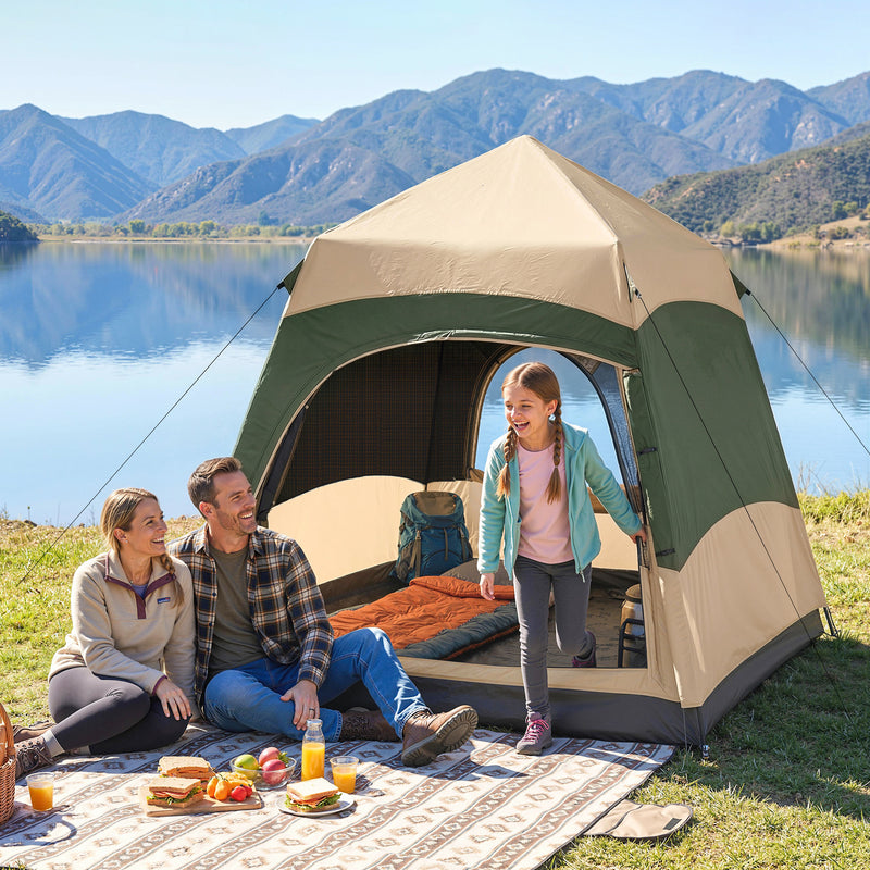 Pop Up 4 Person Camping Tent with Instant Setup and Mesh Windows Khaki and Dark Green