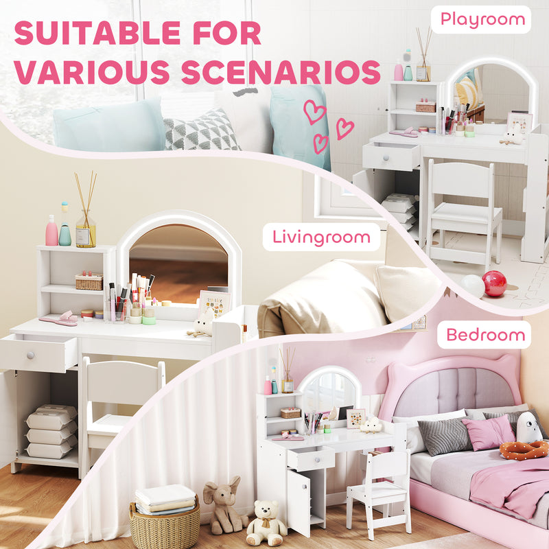 Kids Vanity Table Set with LED Mirror Storage Shelves and Chair for Girls Bedroom White