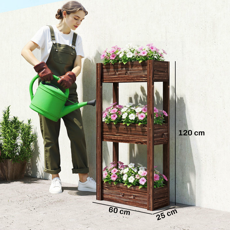Raised Wooden Planter with 3 Tiers for Easy Gardening at Comfortable Height, Carbonised Finish Outsunny