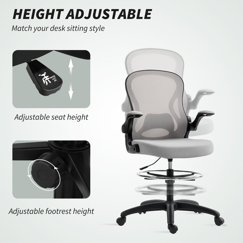 Ergonomic Mesh Standing Desk Chair with Lumbar Support and Flip Up Arms Grey