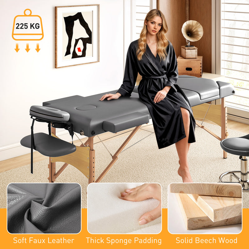 Grey Foldable Massage Table with Beech Wood Legs for Home or Professional Use