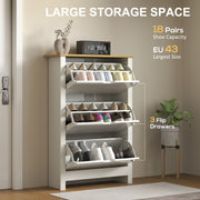 Slim White High Gloss Shoe Cabinet with 3 Flip Drawers and Adjustable Shelves for 18 Pairs by HOMCOM